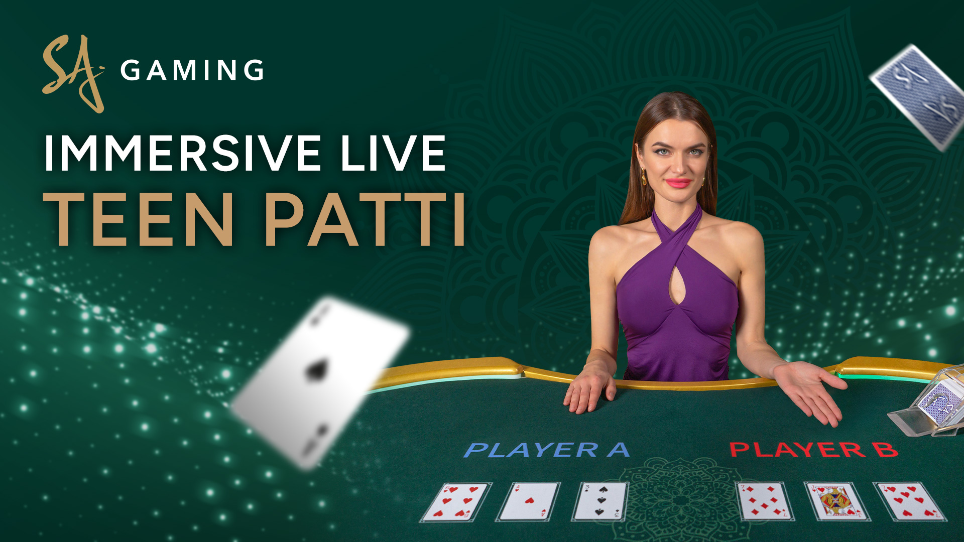 A live dealer in a purple dress presents a Teen Patti online casino game setup by SA Gaming, a live casino games provider.