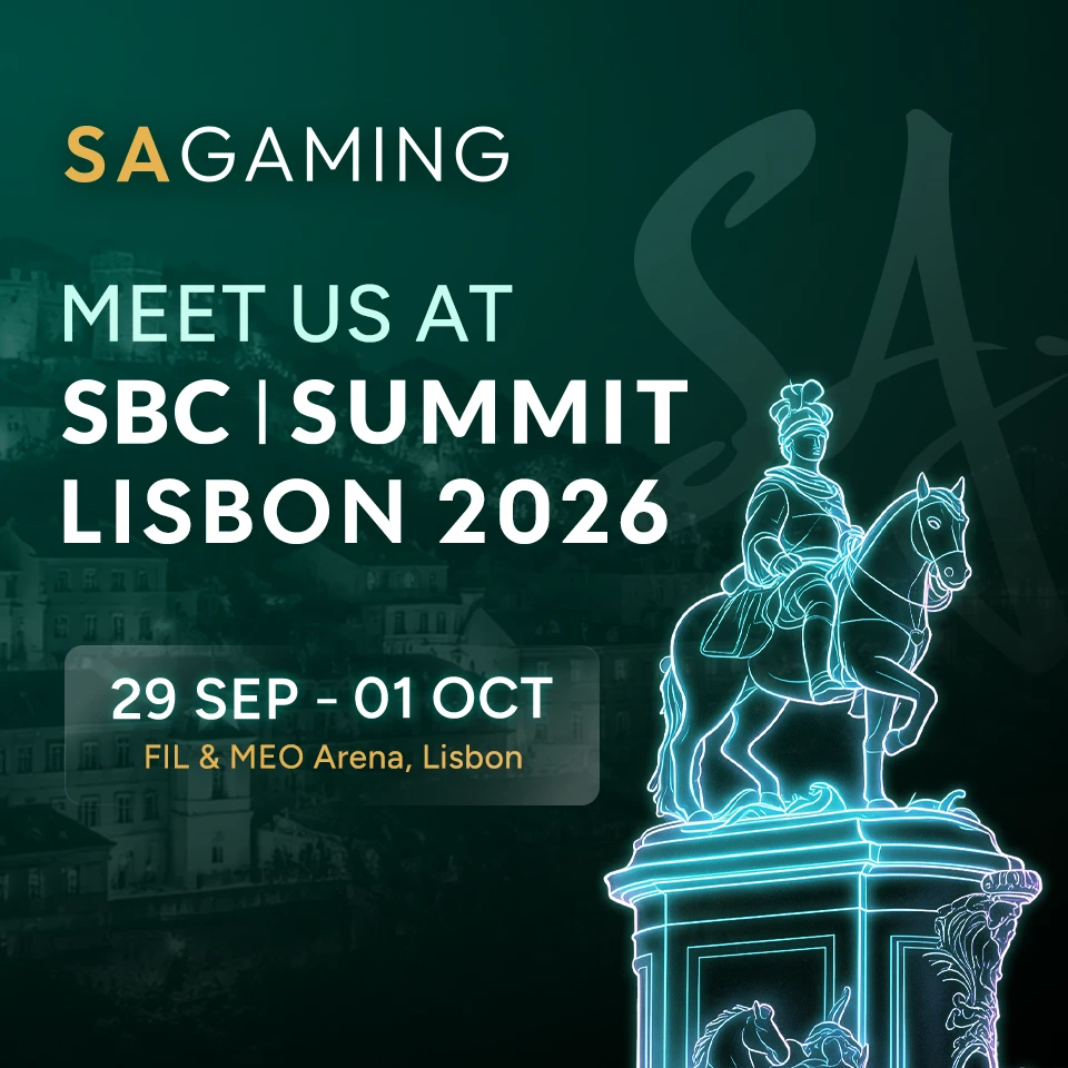 SA Gaming invites iGaming partners to SBC Summit Lisbon 2026, 29 Sep–1 Oct at FIL and MEO Arena, with glowing statue.